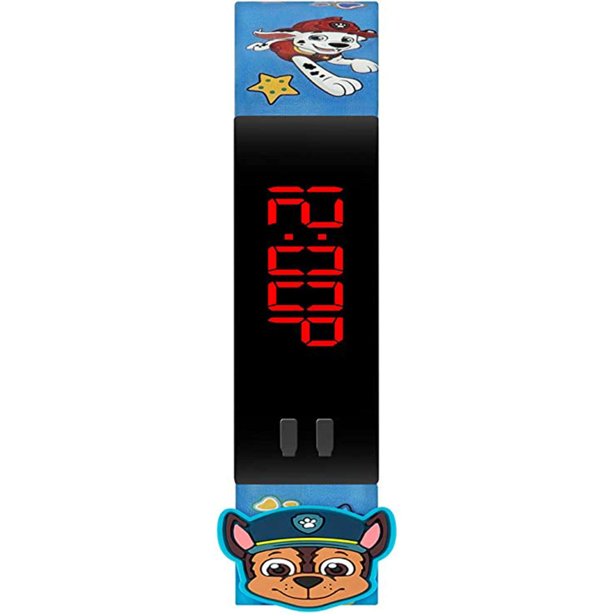 Kids digital quartz watch with black silicone strap, red LED numerals, pup face character graphic