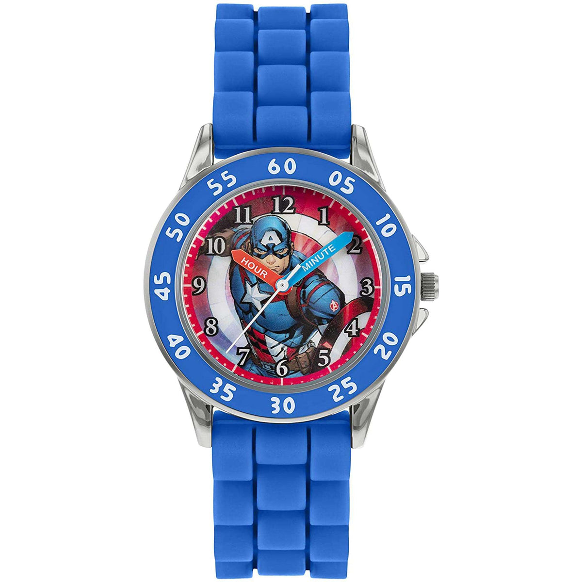 Boys Captain America themed quartz watch, blue silicone band and round blue bezel