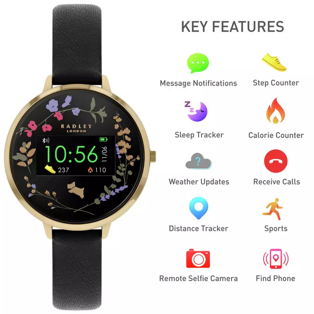 Ladies smartwatch with black leather strap, gold-tone case, floral dial with digital time
