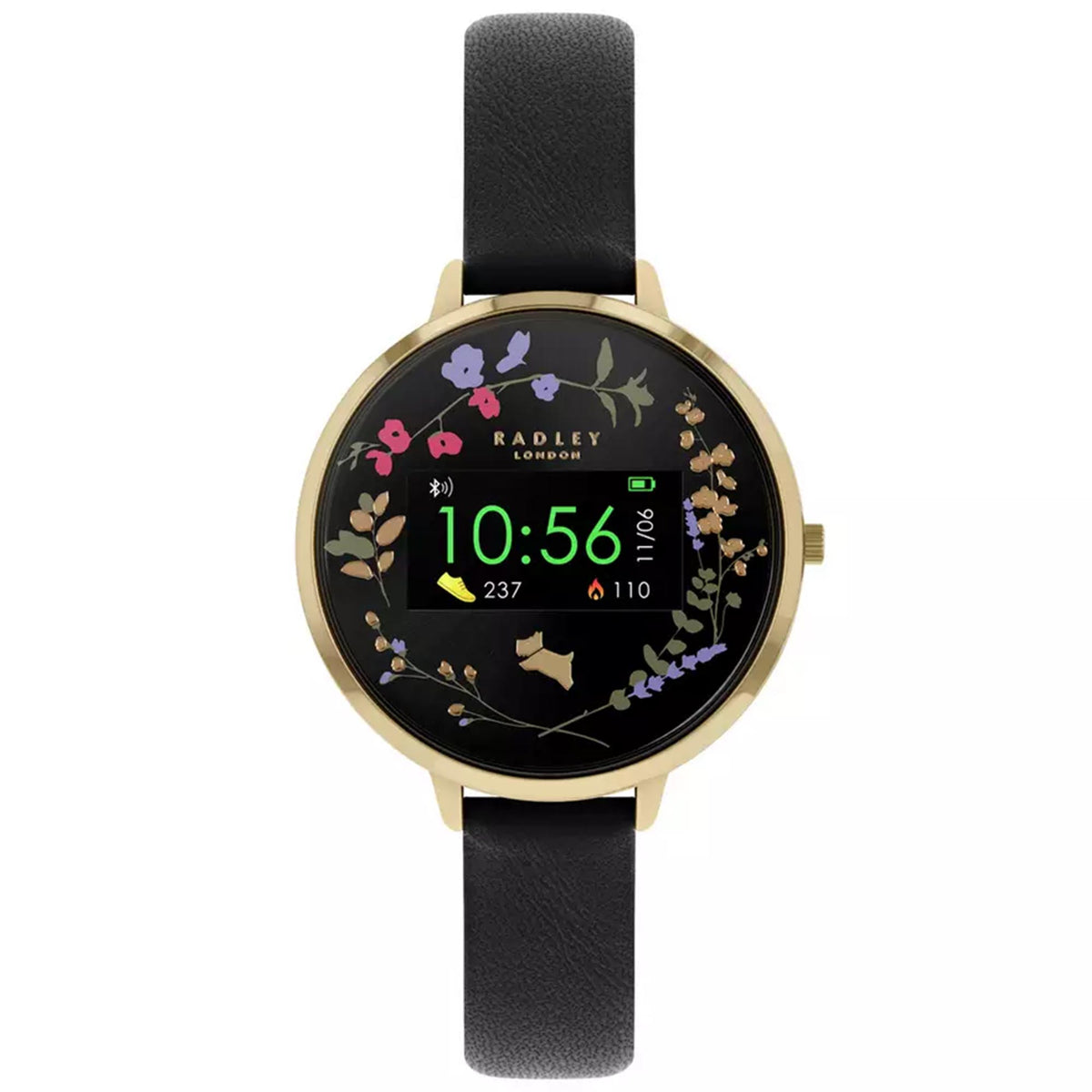 Ladies smartwatch with black leather strap and gold-tone case, floral face and side crown