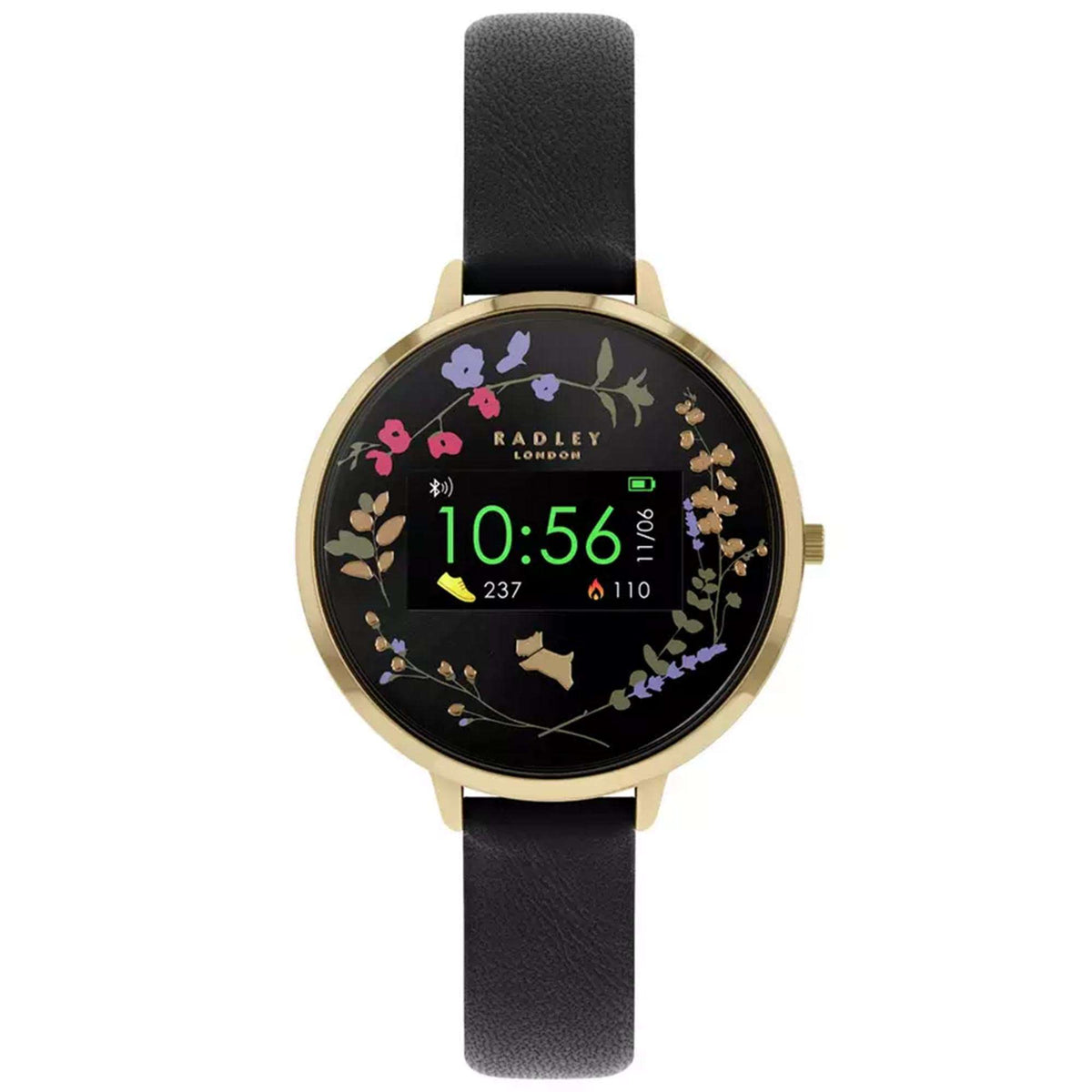 Ladies smartwatch with black leather strap, gold-tone round case, floral dial centered
