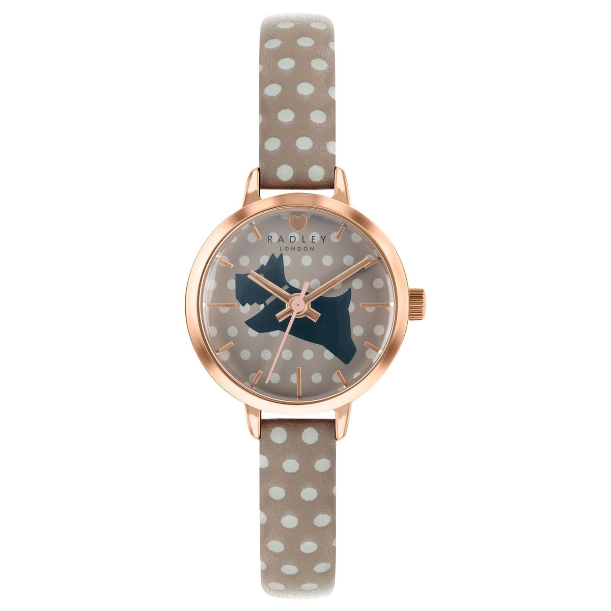 Radley ladies quartz watch front view, rose-gold case, grey dial, and light polka-dot leather strap