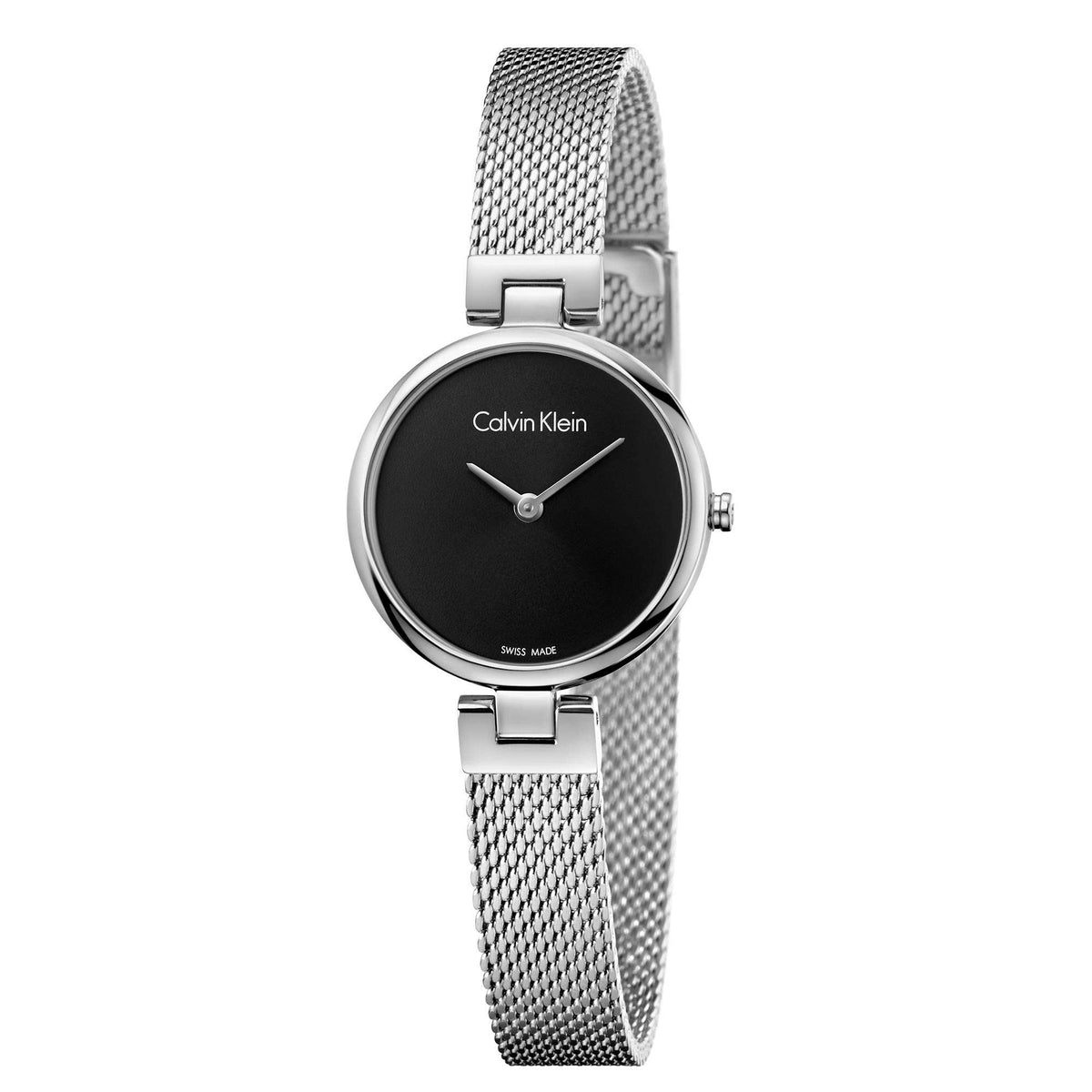 Round silver watch case on black dial with minimalist hands; Milanese stainless bracelet