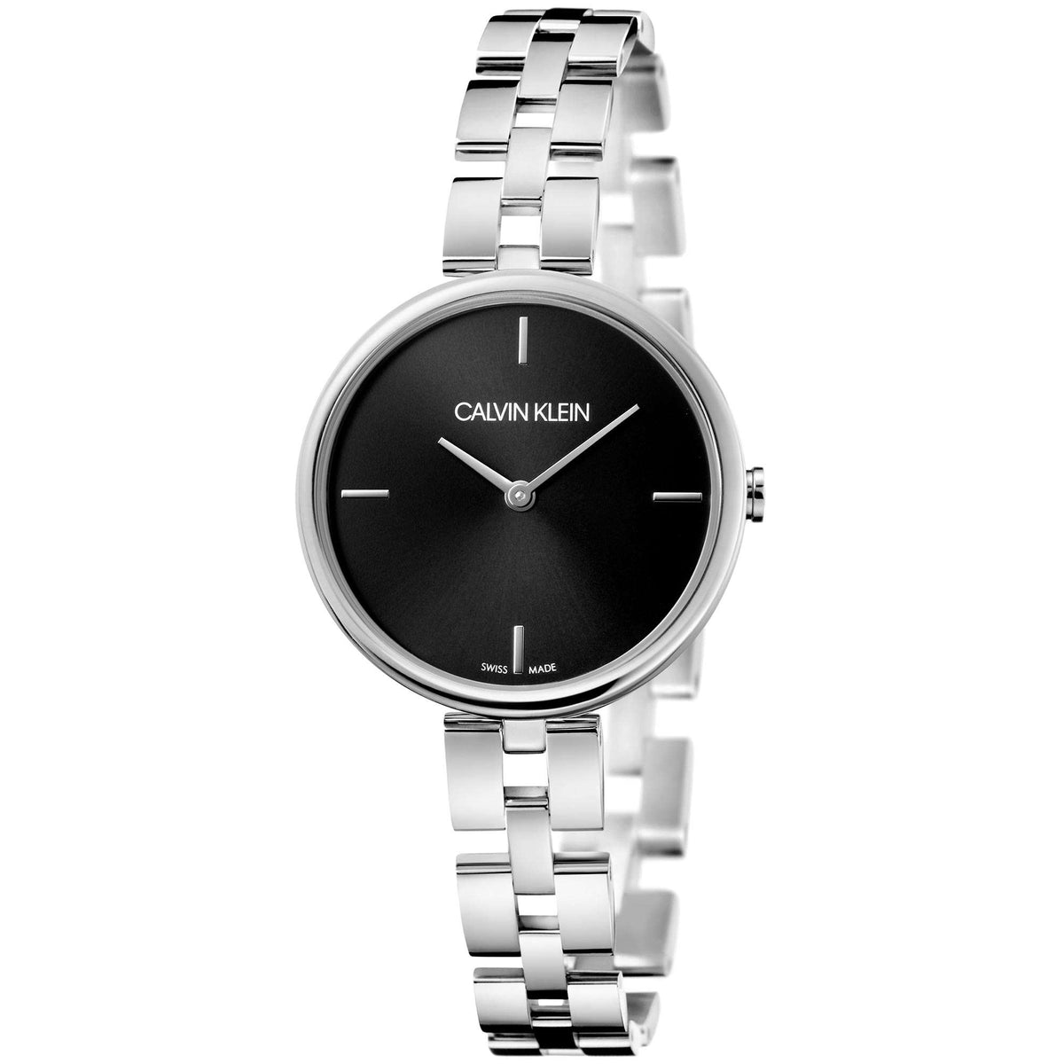 Women's stainless steel quartz watch with black dial and polished silver bracelet