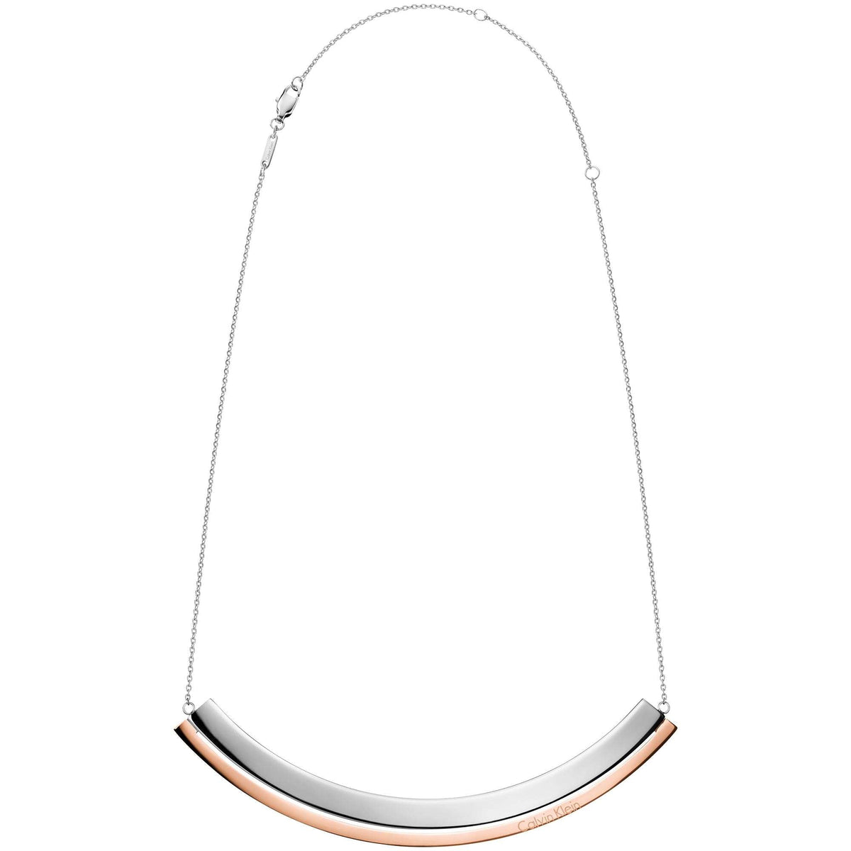 Two-tone stainless steel necklace with curved bar pendant and rose-gold accent on chain
