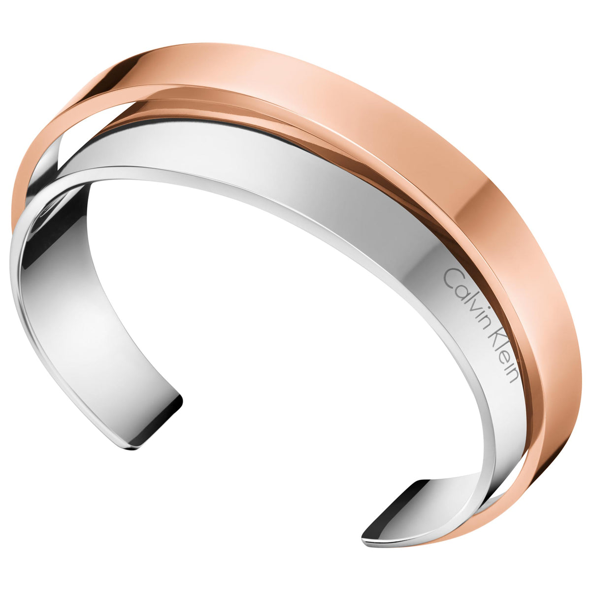 Two-tone open cuff bangle in rose gold and silver with inner branding