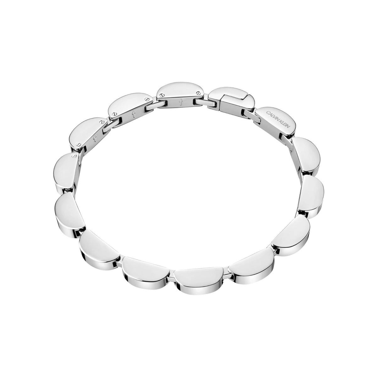 Silver-tone wavy link bracelet showing full oval plate segments and central clasp