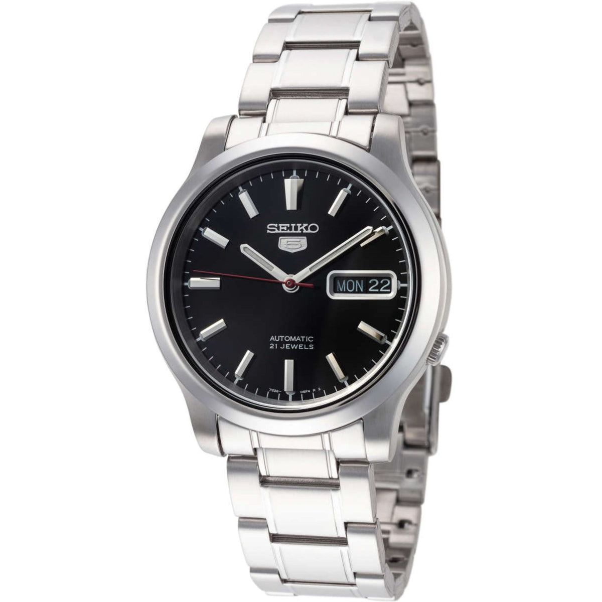 Seiko stainless steel automatic watch with black dial and metal bracelet, day-date