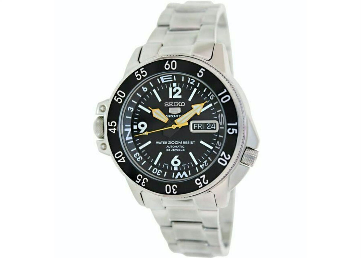 Seiko 5 Sports Land Shark automatic men's watch with black dial, steel bracelet, date window