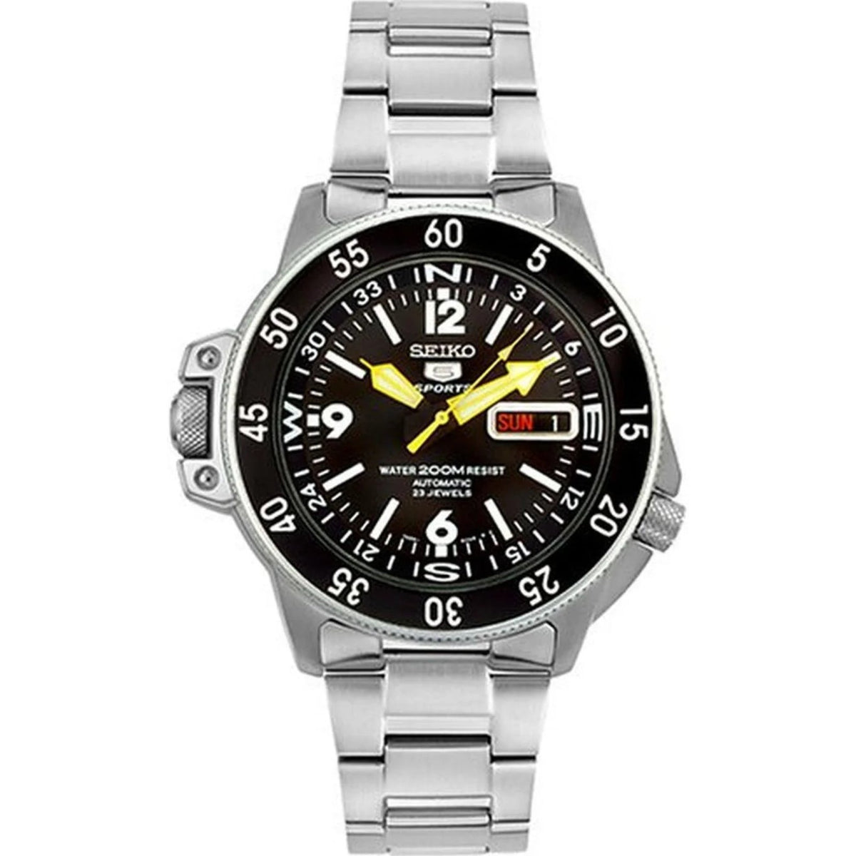 Seiko 5 Sports Land Shark automatic men's watch with black dial, steel bracelet, yellow seconds hand