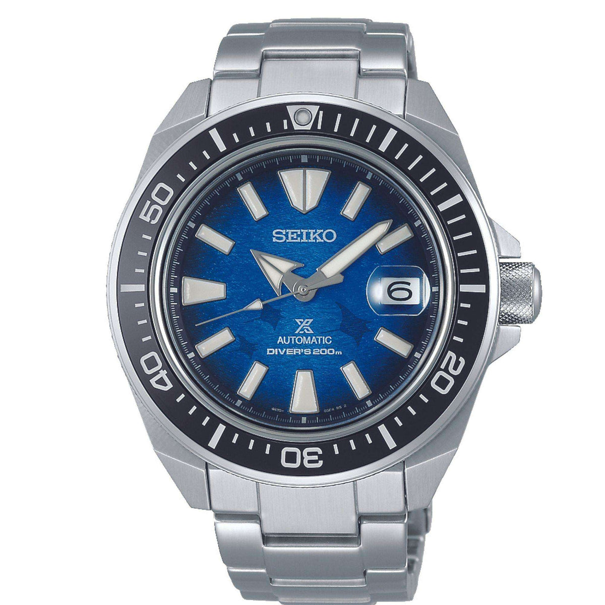 Men's stainless steel diver watch with blue dial, black bezel, and metal bracelet