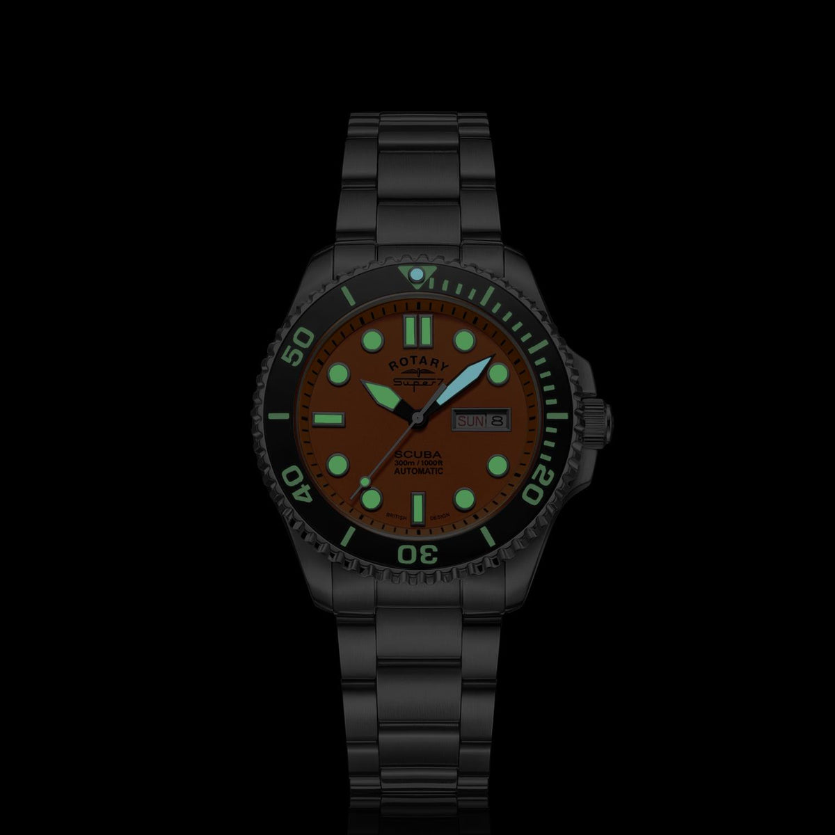 Men's dark-tone dive watch front with orange dial, black bezel, and day/date window