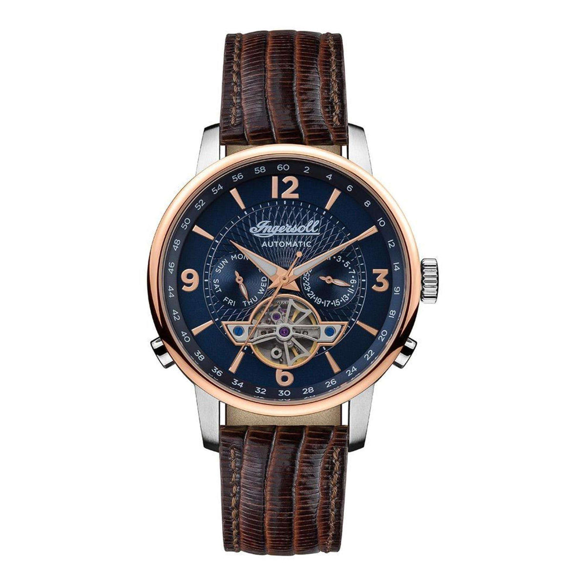 Men's automatic watch front view with blue dial, brown leather strap, rose-gold bezel