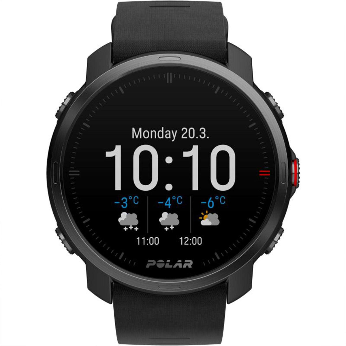 Black rubber strap smartwatch with digital quartz-style dial and visible time display