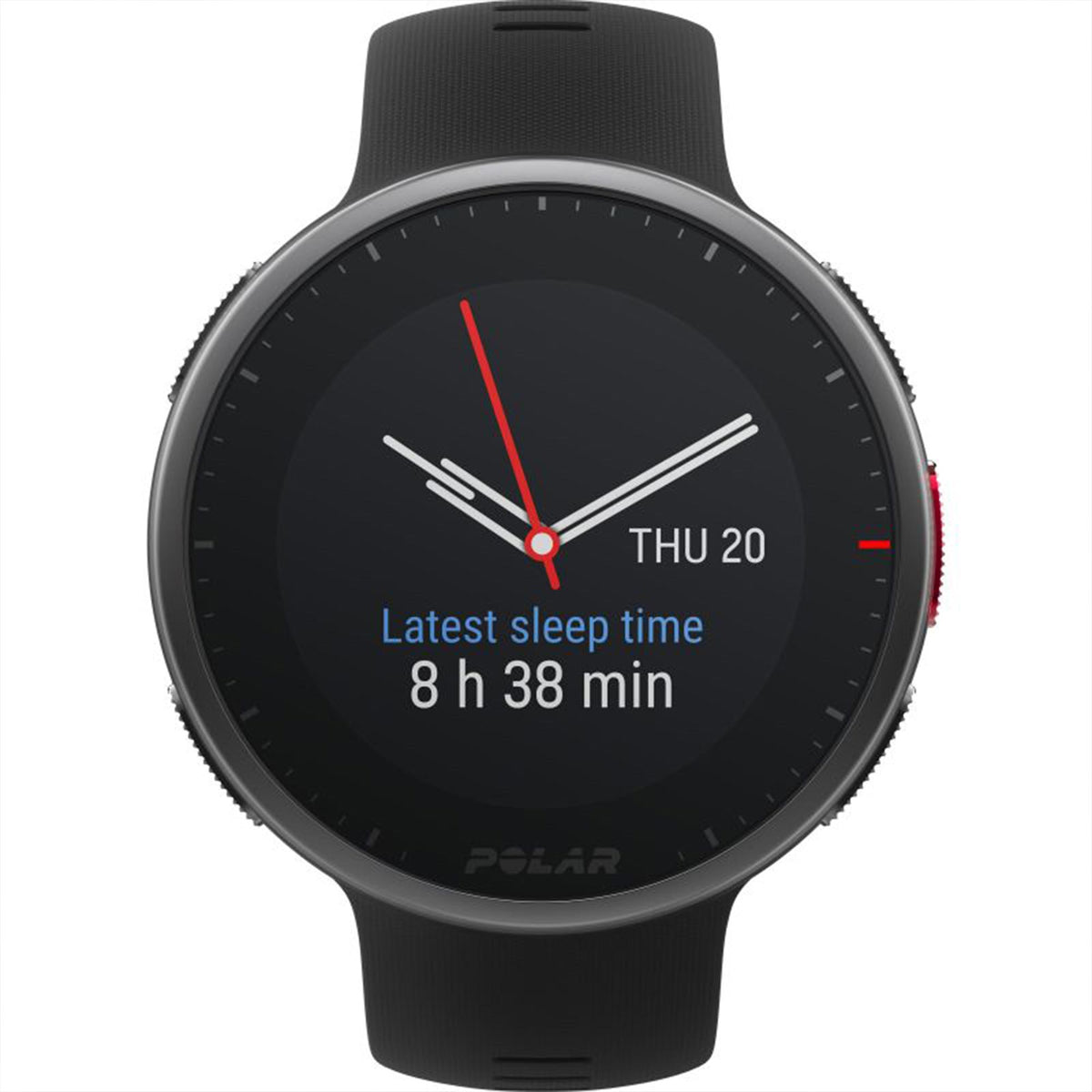 Black POLAR smartwatch with round dark display and black silicone strap