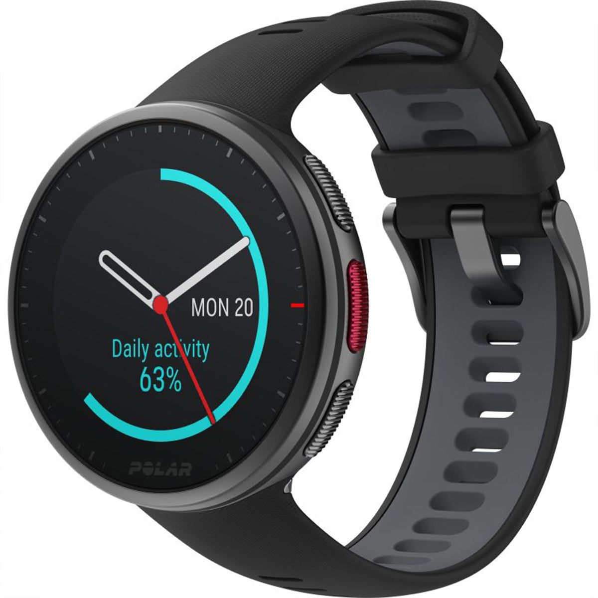 Black round smartwatch with dark display and textured black silicone band