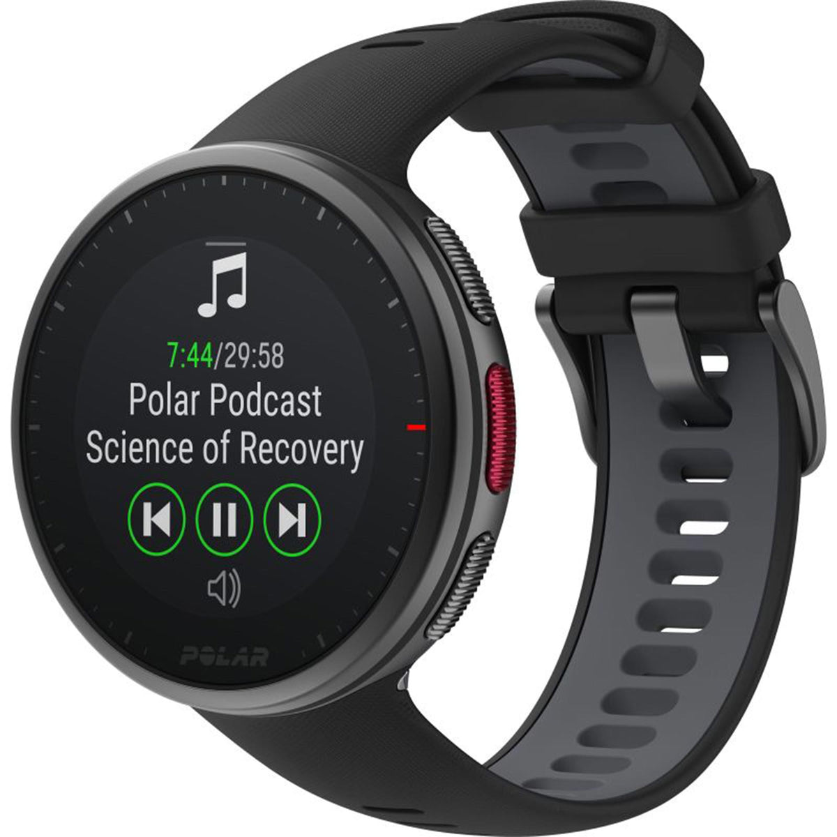 Black round smartwatch with dark display and black silicone strap