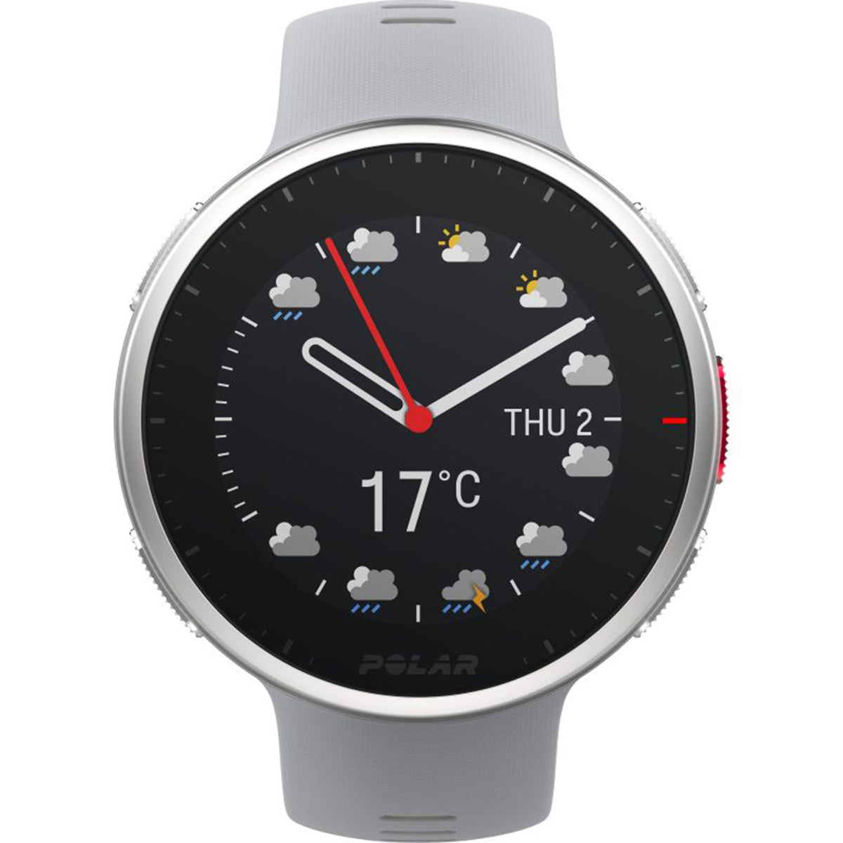 Grey rubber-strap smartwatch with black weather dial and date on screen