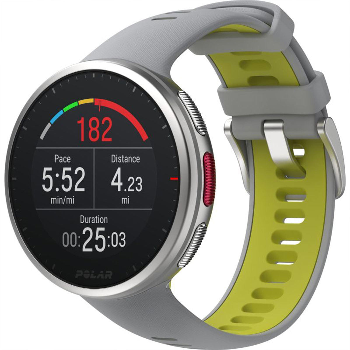 Grey smartwatch with lime green rubber strap, side view of the digital display