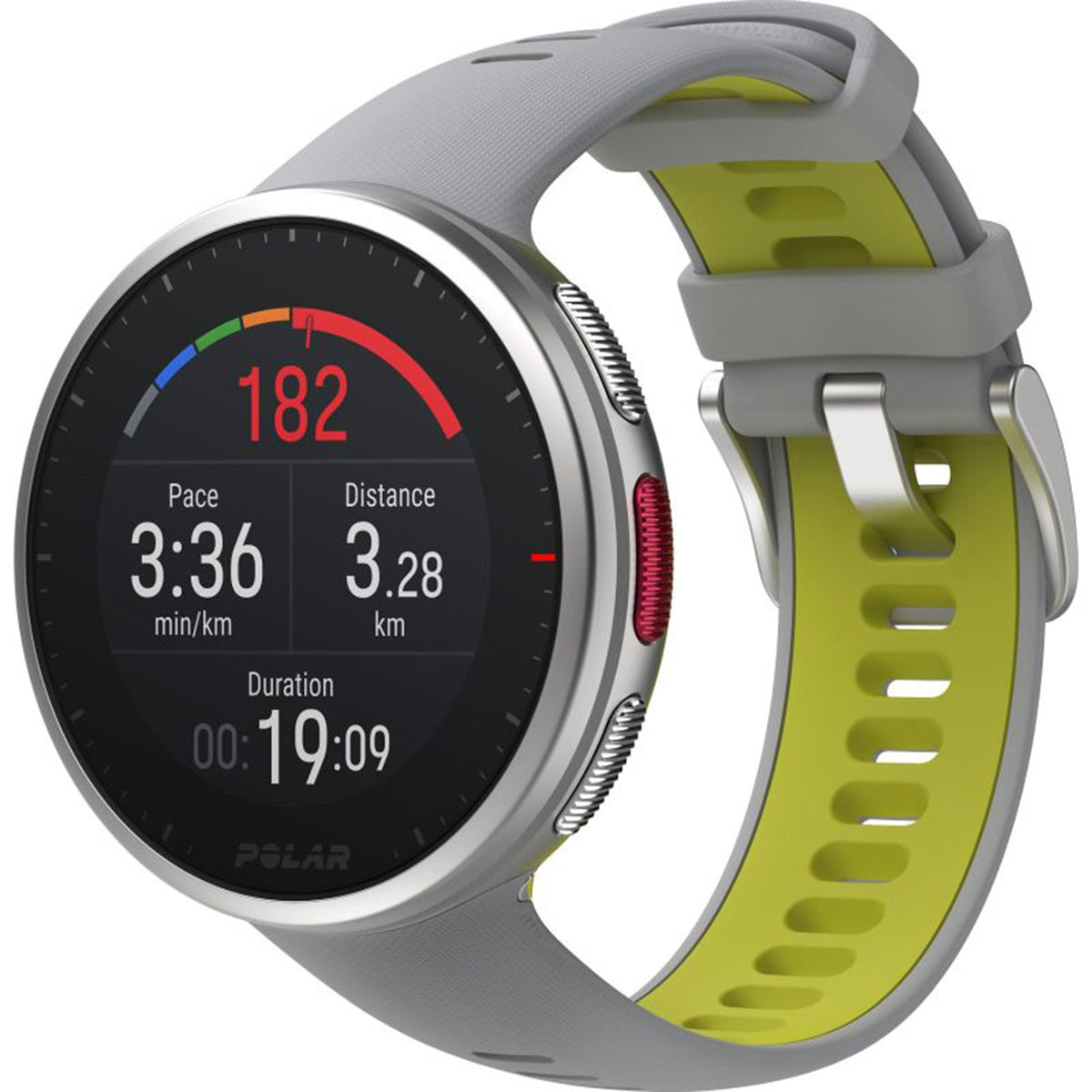 Grey smartwatch with lime green strap showing pace and distance on screen