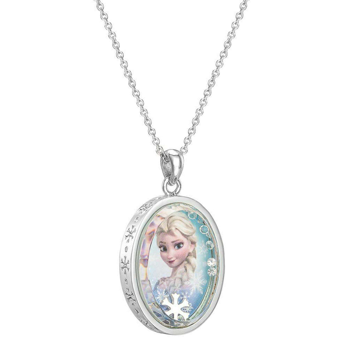 Girls silver-tone necklace featuring an oval Elsa locket pendant