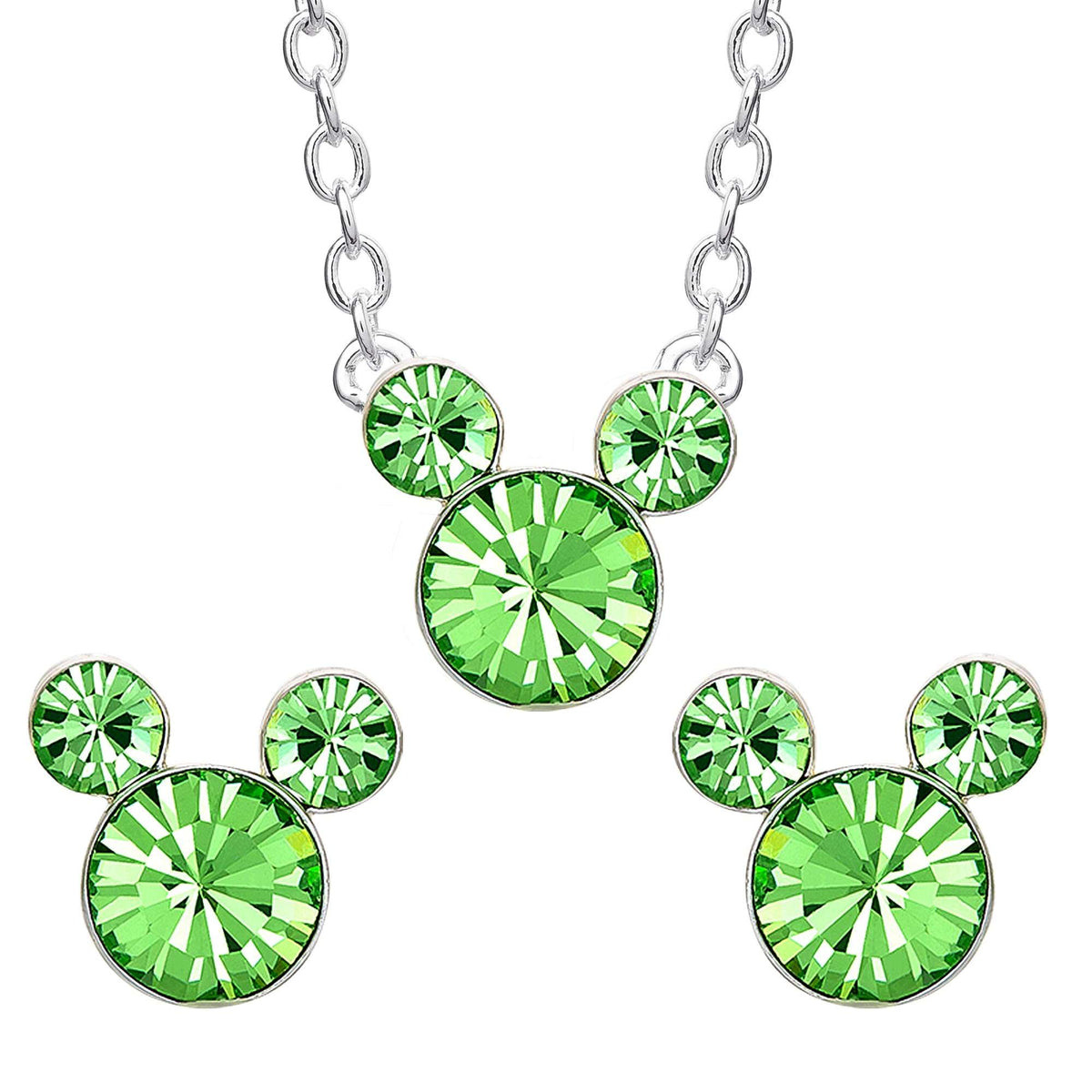 Mickey Mouse necklace pendant and matching stud earrings, bright green round crystal stones