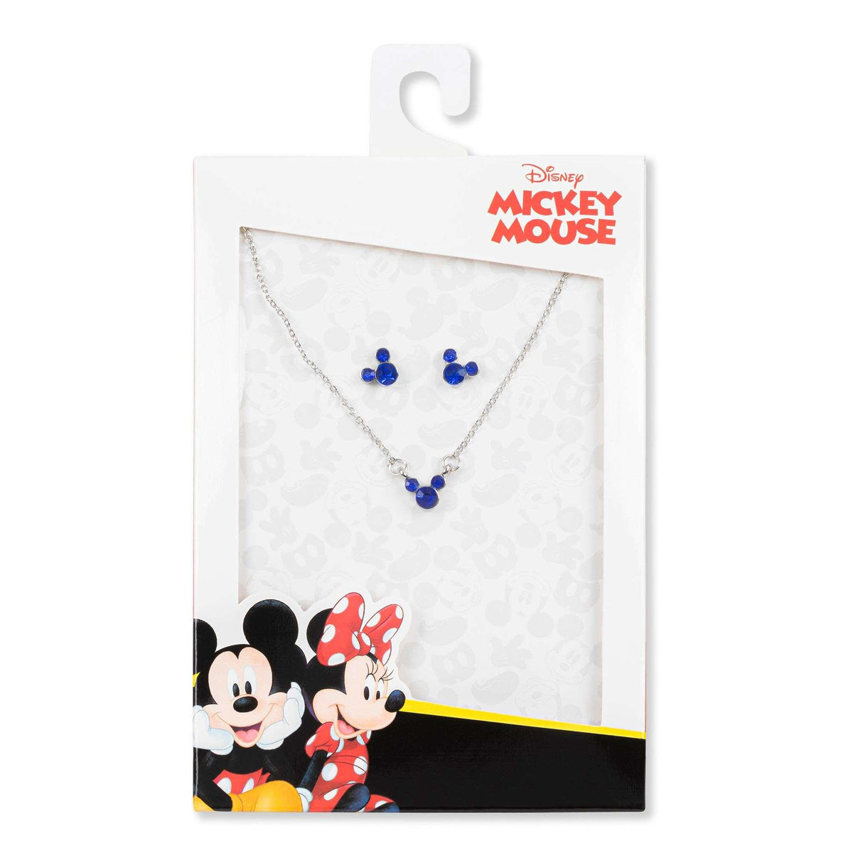 Disney Mickey Mouse jewelry set package with silver-tone necklace and blue stud earrings