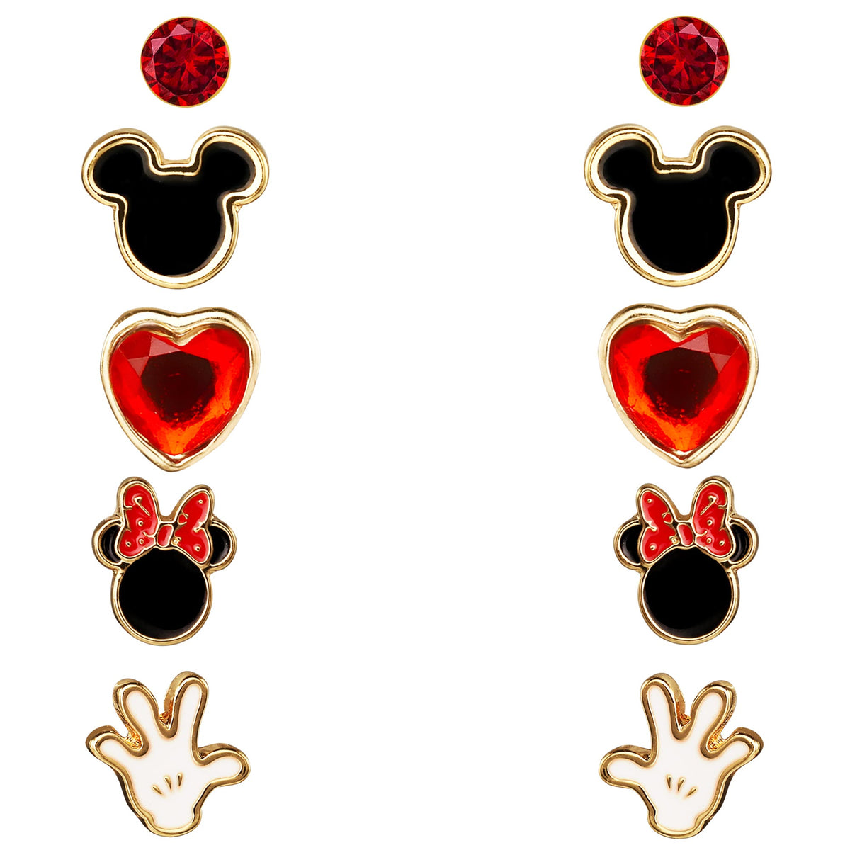 Pair view stud earrings: Mickey head, red heart, red bow, and white hand designs