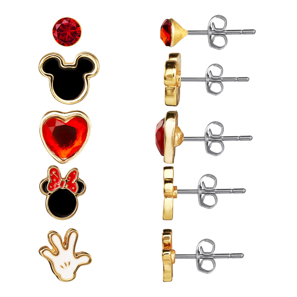 Five gold-tone stud earrings with Mickey, heart, bow, and red crystal tops with backs