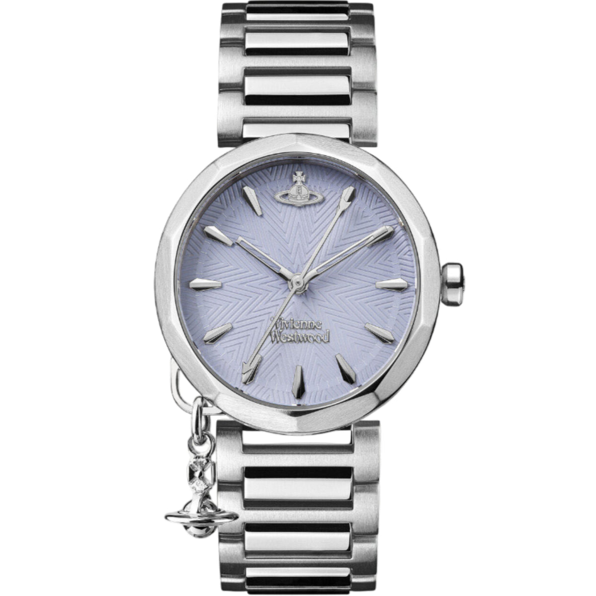 Vivienne Westwood Poplar quartz watch front view, blue dial and stainless steel bracelet.
