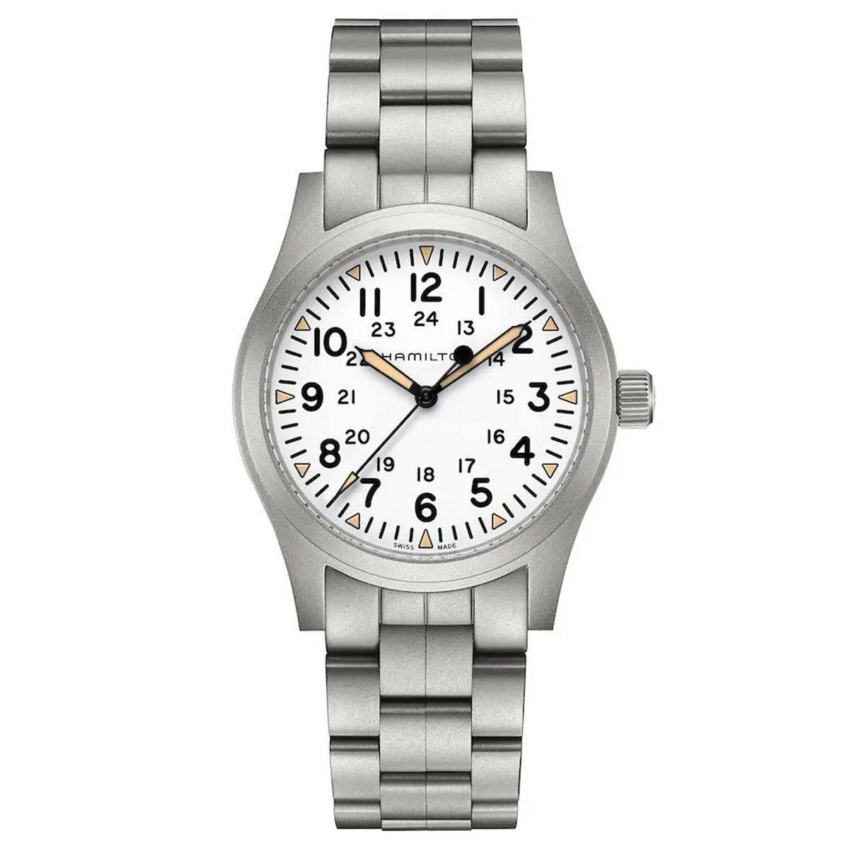 Steel mens mechanical watch, white dial with Arabic numerals and date window, wristwatch front