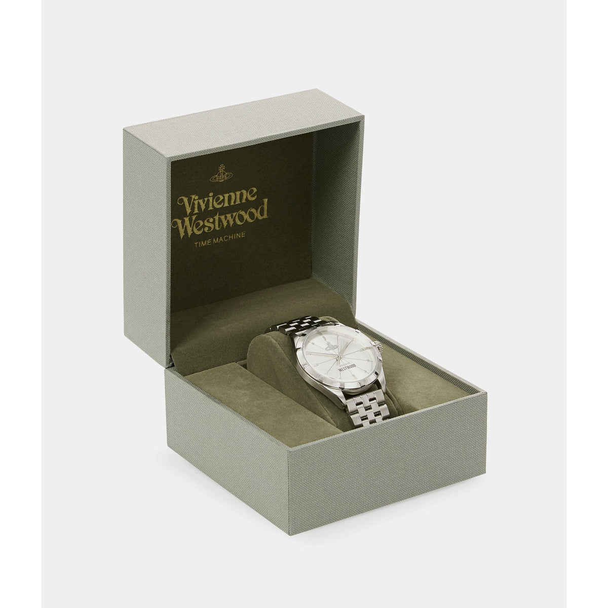 Men's wristwatch displayed in open box with green lining and silver strap