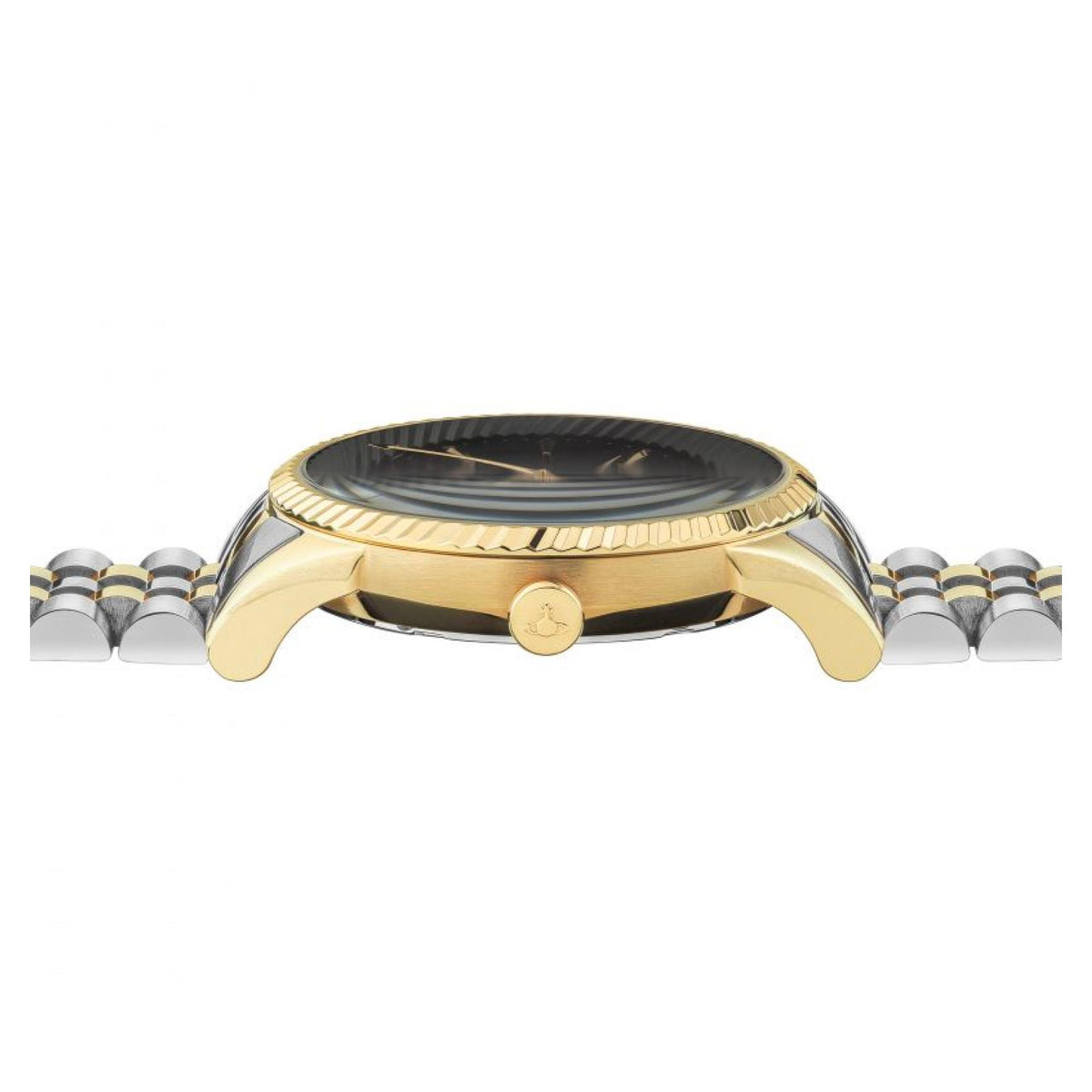 Gold-tone watch case with black crystal and ridged bezel