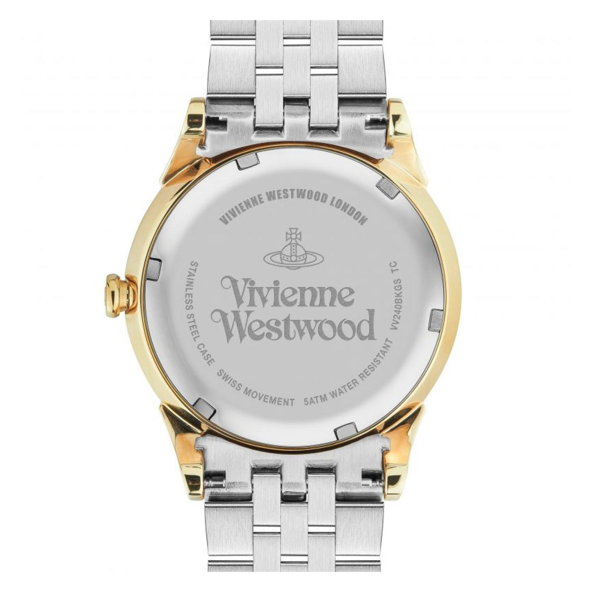 Two-tone stainless steel ladies watch with white case back and silver bracelet