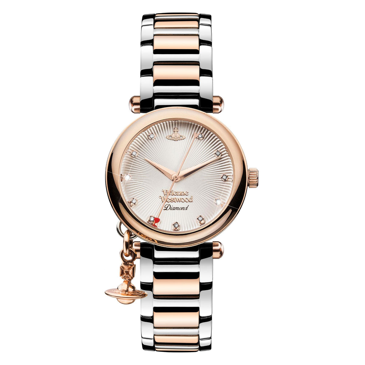 Vivienne Westwood Orb quartz watch front with champagne dial, rose-gold bezel, and steel bracelet