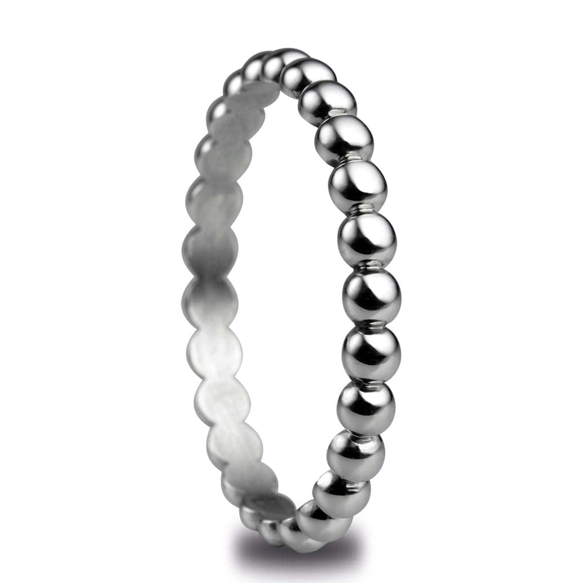 Shiny stainless steel beaded ring with rounded bead links around the band