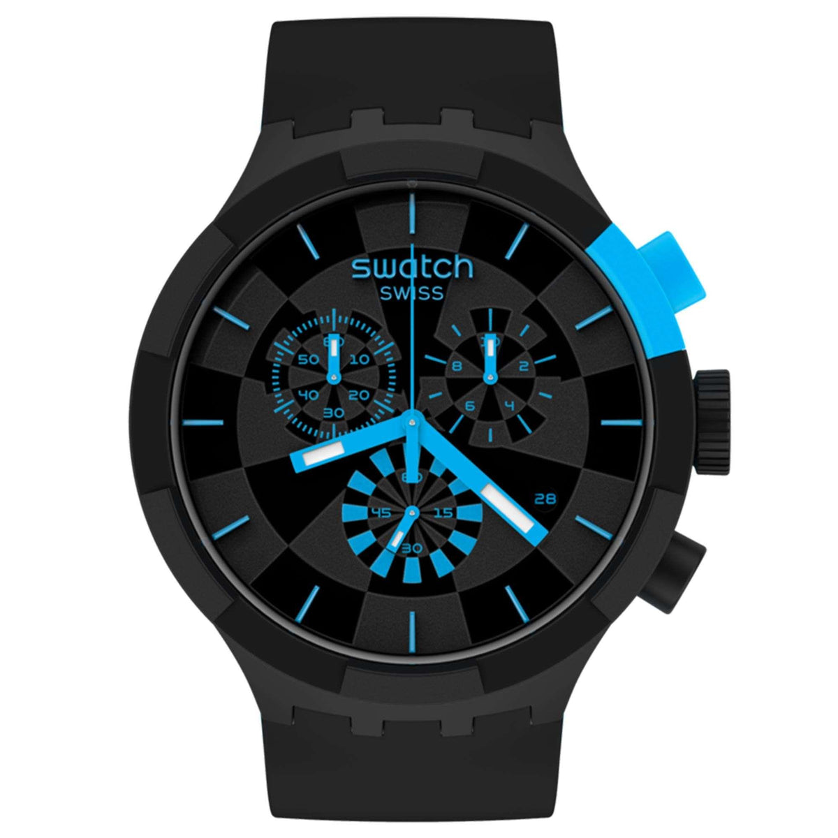 Round black chronograph-style watch face with blue details, three subdials, black case