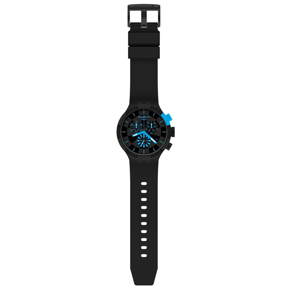 Silicone strap wristwatch with black dial and blue accents, front view on a black band