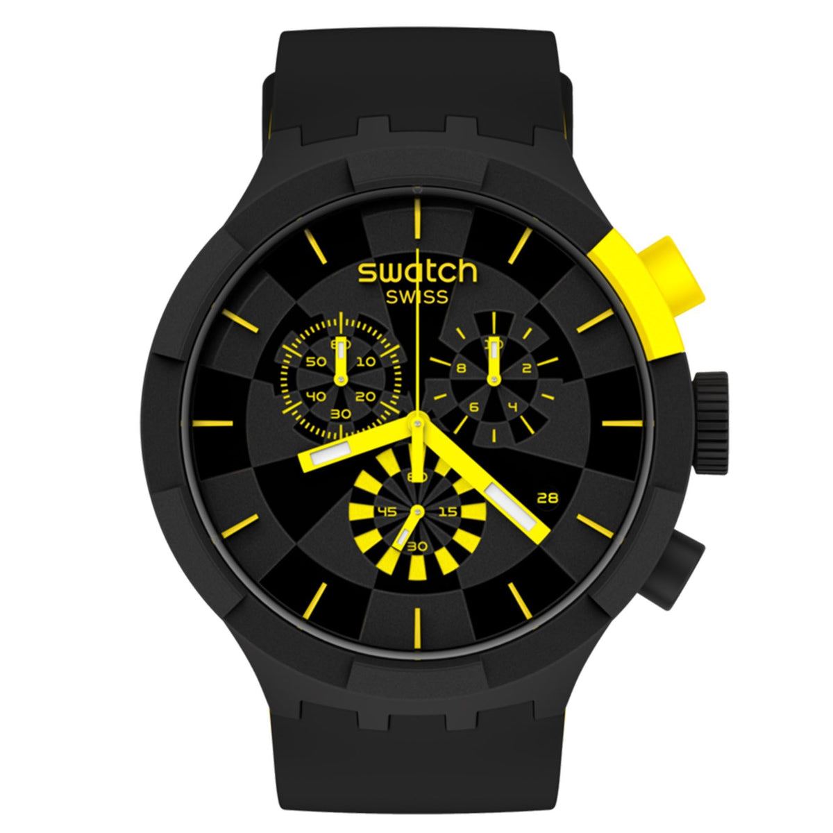Front view chrono watch with yellow subdials, black checkered dial, black silicone strap