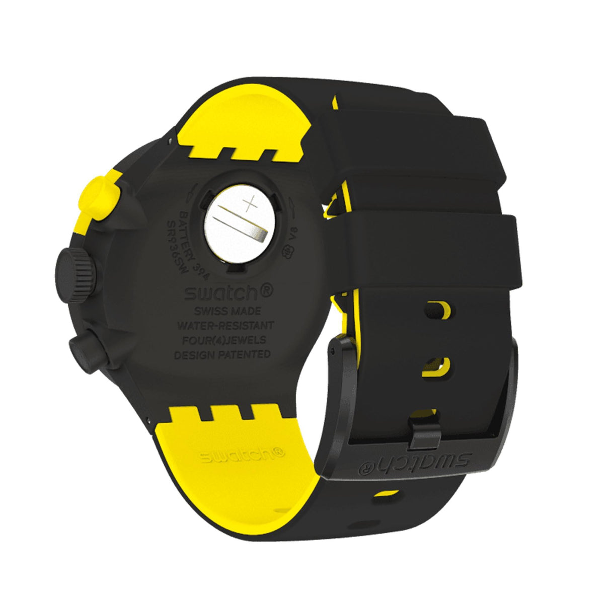 Case back view of black watch with yellow silicone strap lining and strap details