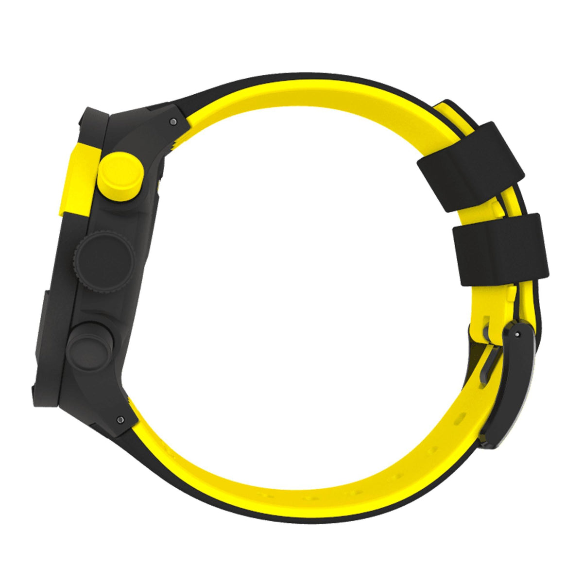 Black silicone watch strap with bright yellow inner band and case attachment