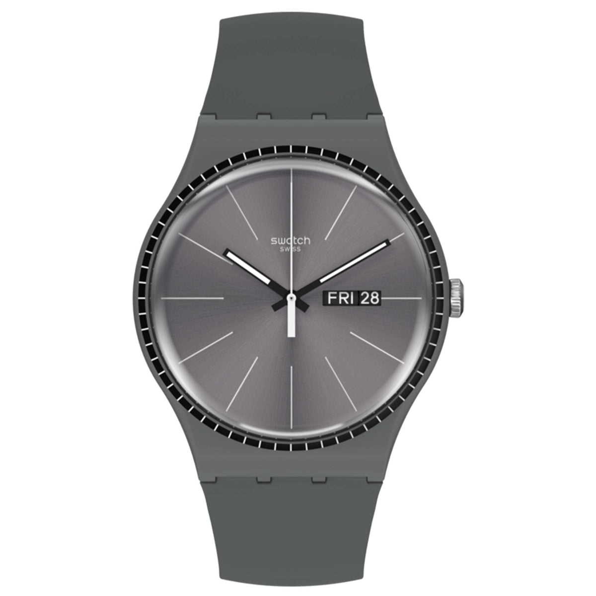 Grey silicone strap quartz watch, grey dial with central seconds, dark bezel, Fri 28
