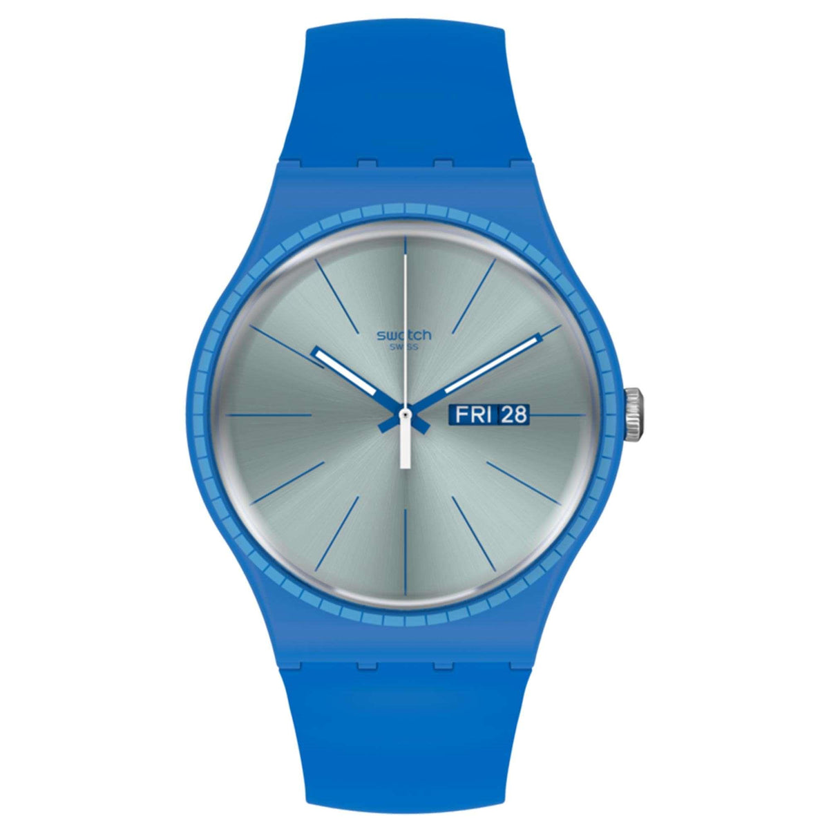 Men's blue silicone watch with silver dial and date 'FRI 28' on round case
