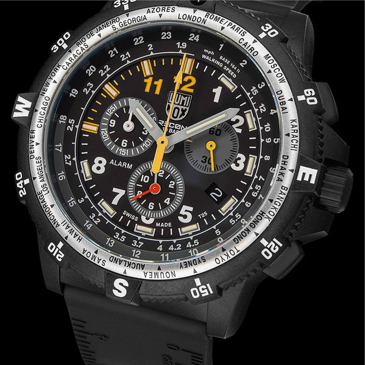 Men's Luminox chronograph watch, black dial with three subdials and yellow accents.