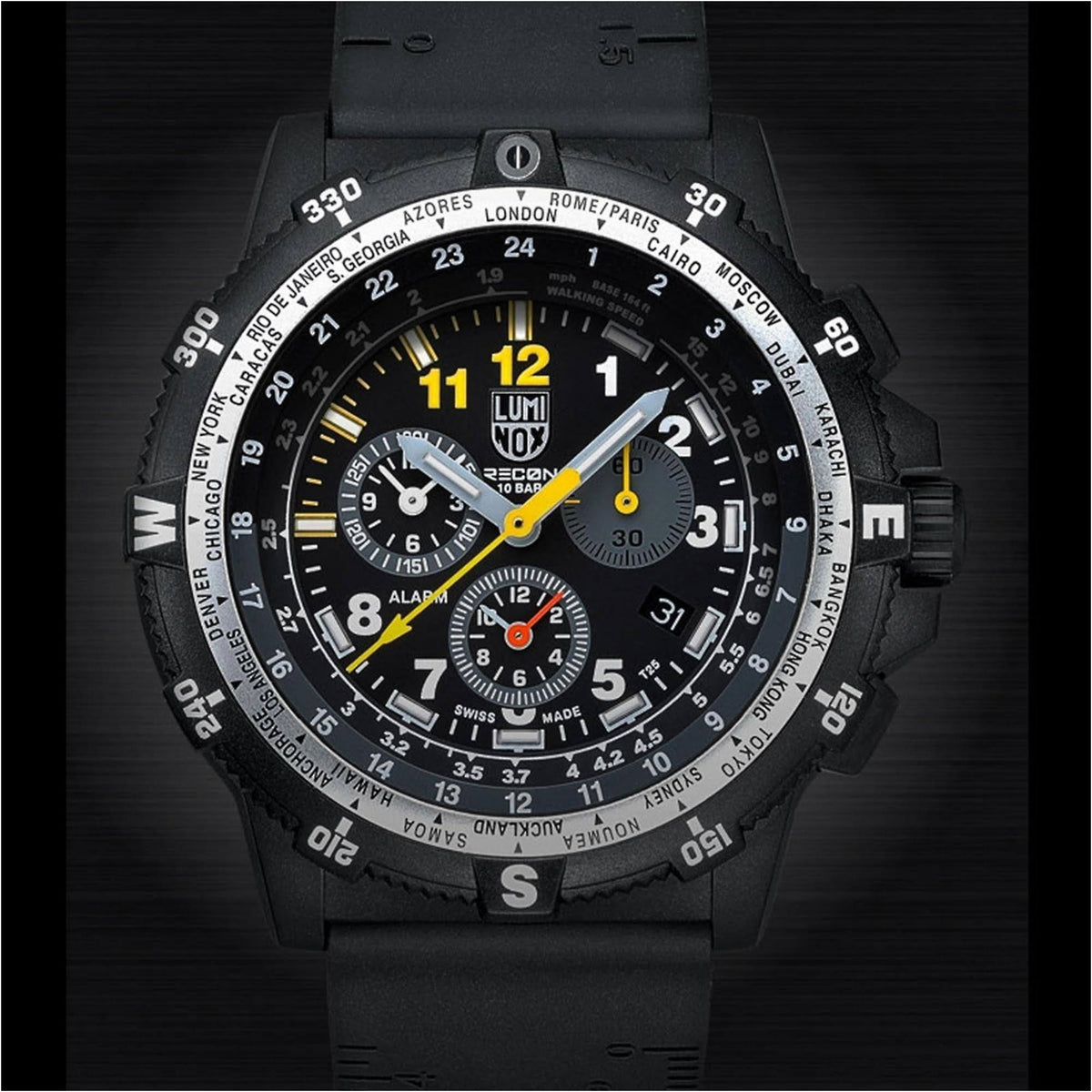 Men's Luminox chronograph watch, black dial with yellow highlights, black silicone strap.