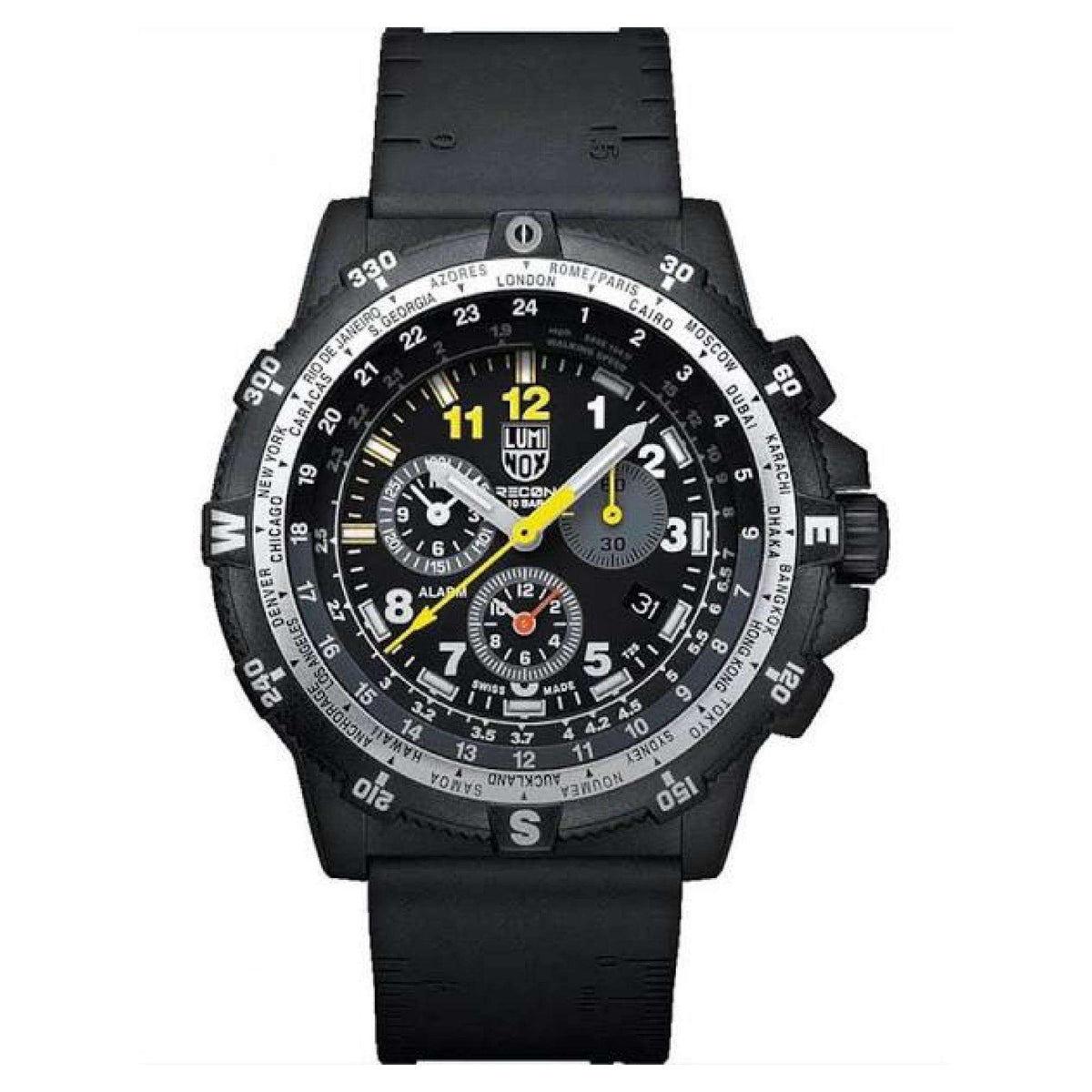 Men's Luminox chronograph watch with black dial, black silicone strap, chronograph subdials.