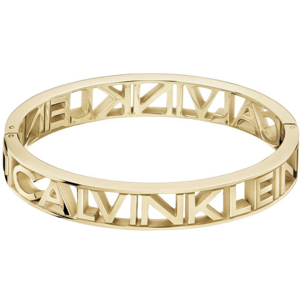 Gold-tone logo bracelet with raised “CALVIN KLEIN” lettering details