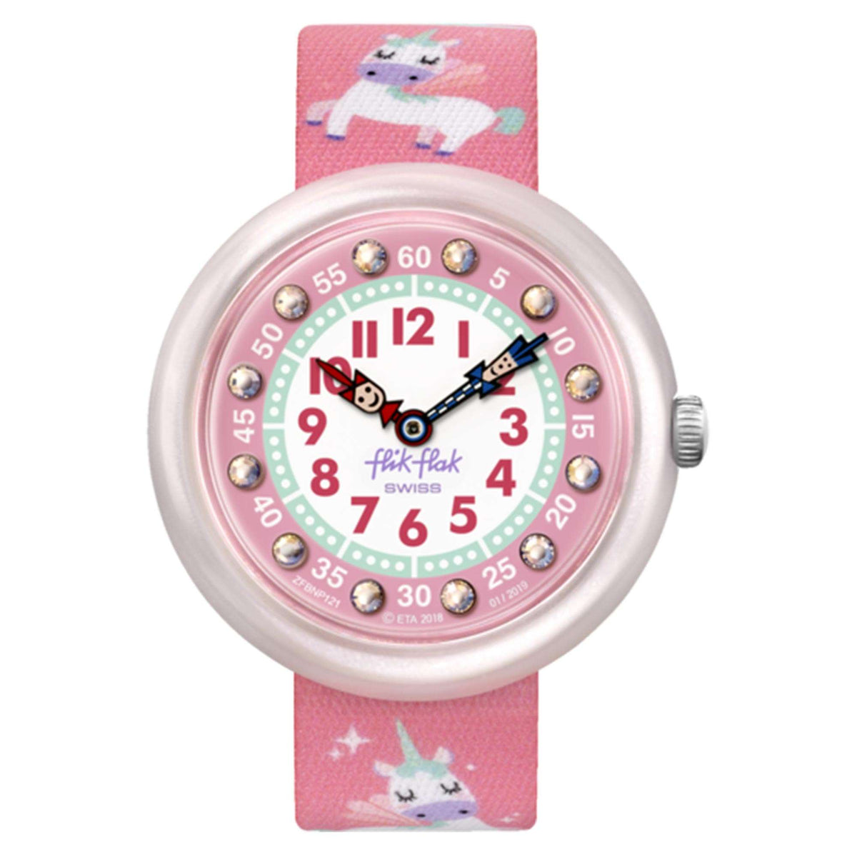 Round kids watch with silver case, pink dial and pink fabric strap with unicorns