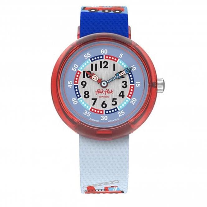 Kids watch front view: blue dial with firetruck details and light-blue strap