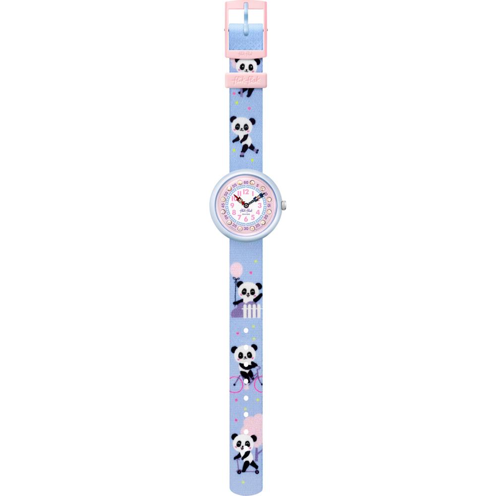 Kids panda bracelet watch with pink square clasp, round light-blue case, and patterned strap